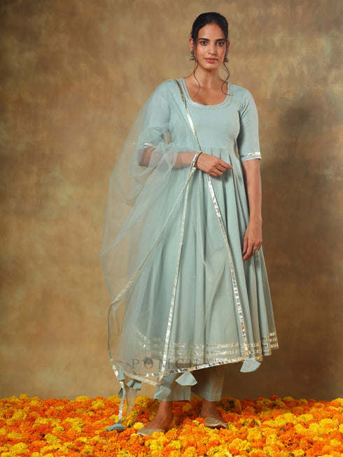 Pomcha Jaipur Guzarish Pastel Cotton Anarkali Set With Soft Net Dupatta